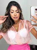 Cropped Feminino Manga Curta Decote Transparente Carnaval Abada