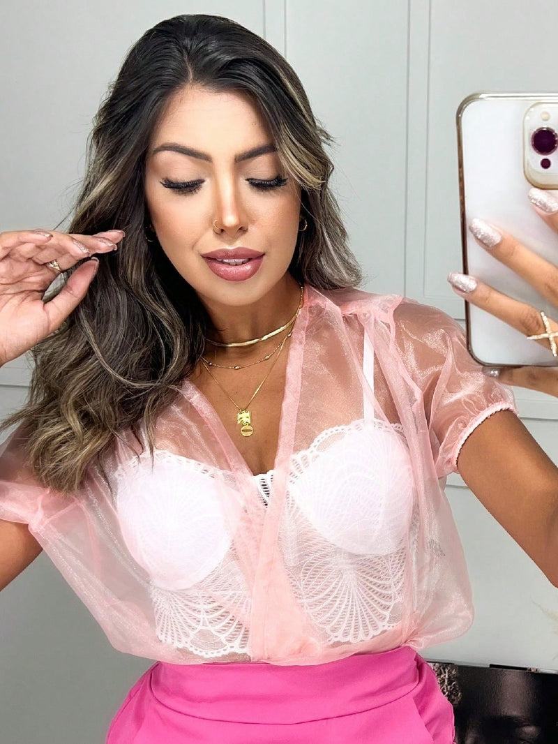 Cropped Feminino Manga Curta Decote Transparente Carnaval Abada