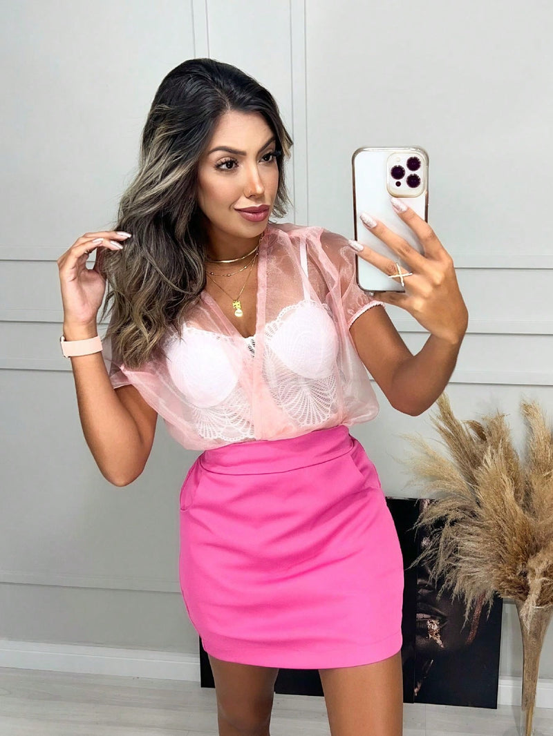 Cropped Feminino Manga Curta Decote Transparente Carnaval Abada