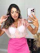 Cropped Feminino Manga Curta Decote Transparente Carnaval Abada