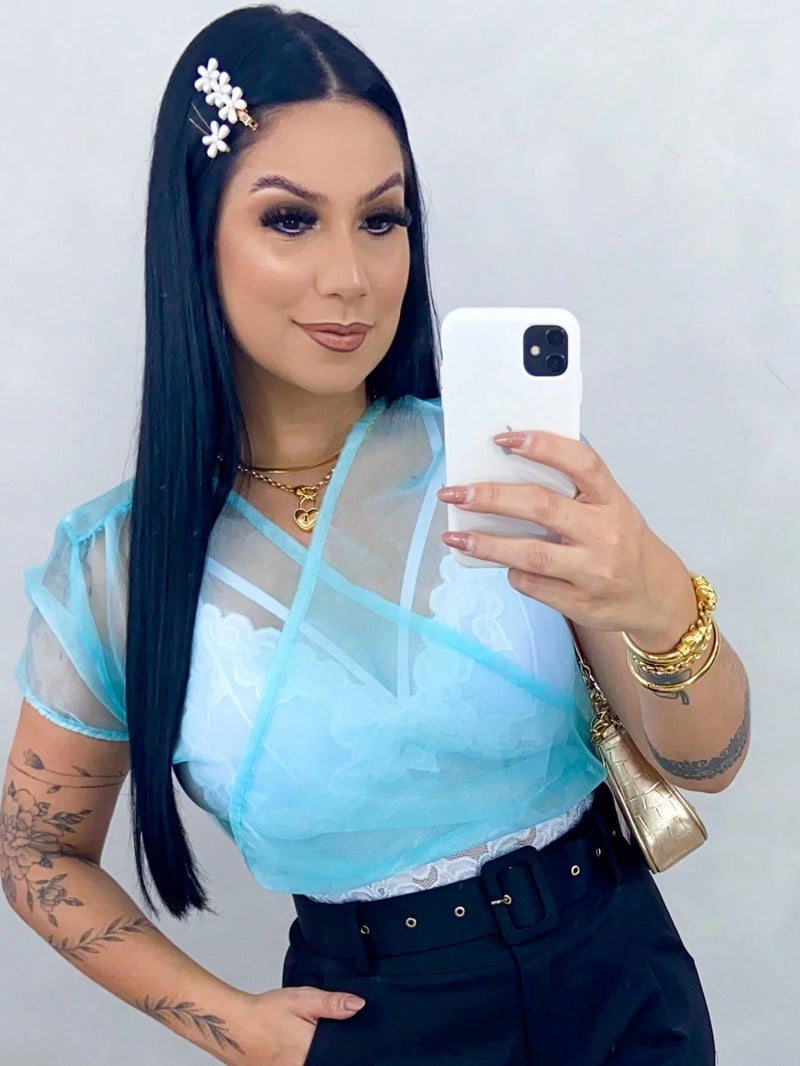 Cropped Feminino Manga Curta Decote Transparente Carnaval Abada