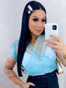 Cropped Feminino Manga Curta Decote Transparente Carnaval Abada