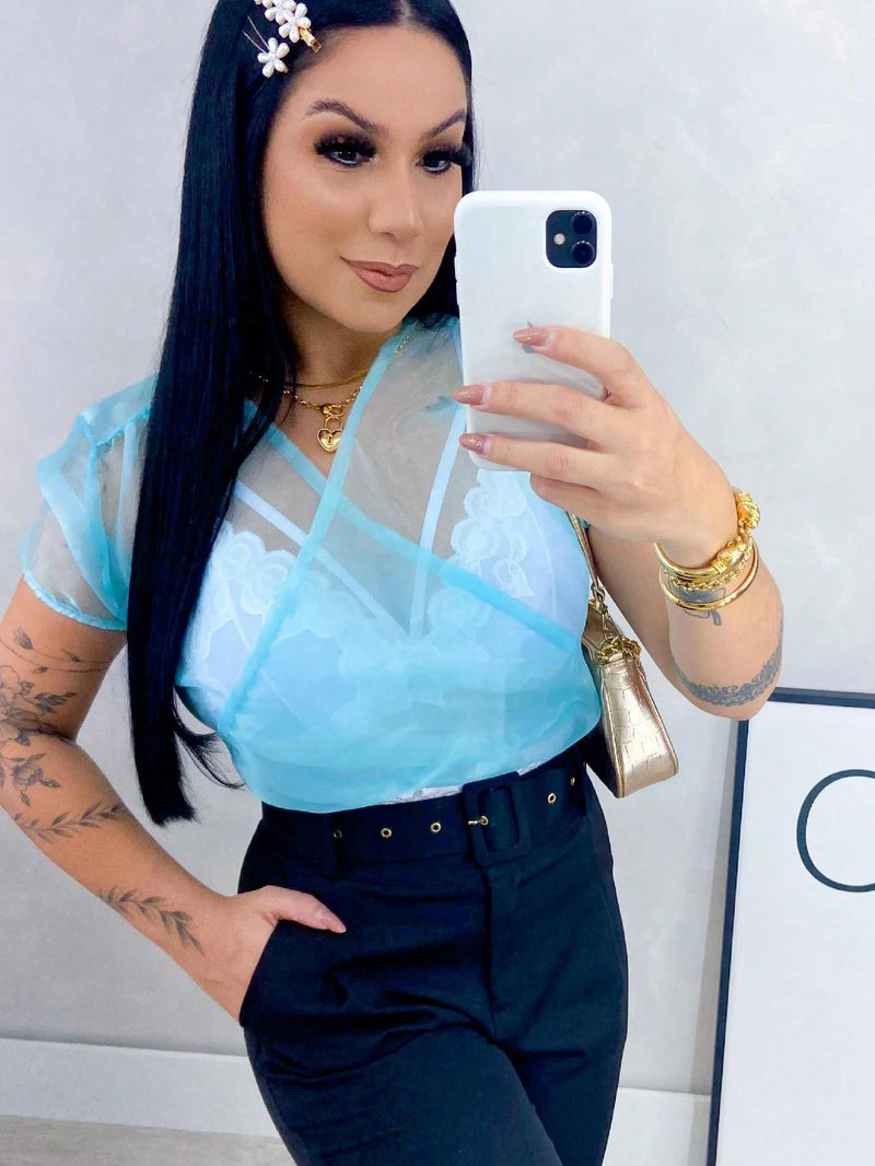 Cropped Feminino Manga Curta Decote Transparente Carnaval Abada