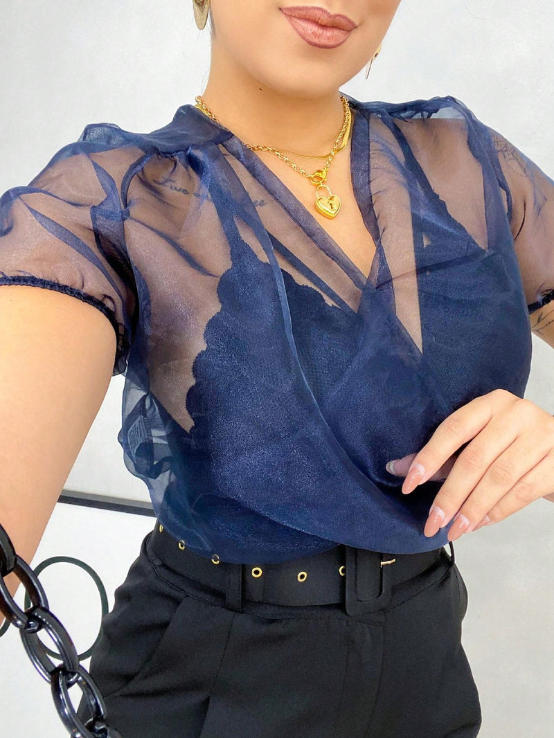 Cropped Feminino Manga Curta Decote Transparente Carnaval Abada