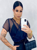 Cropped Feminino Manga Curta Decote Transparente Carnaval Abada