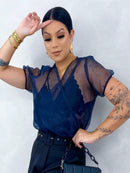 Cropped Feminino Manga Curta Decote Transparente Carnaval Abada