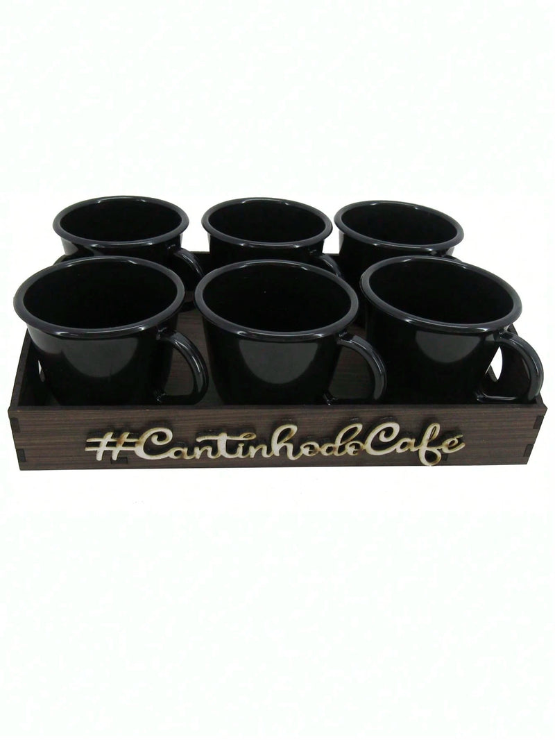 Kit 6 Xícaras Com Bandeja Cantinho do Café MDF