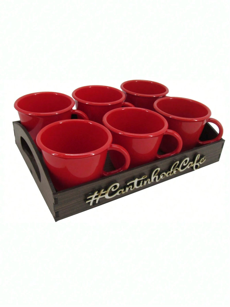 Kit 6 Xícaras Com Bandeja Cantinho do Café MDF