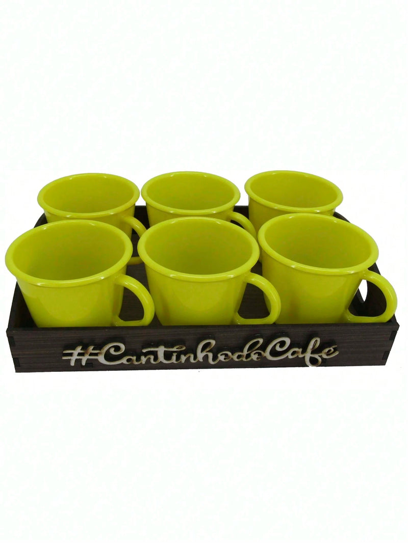 Kit 6 Xícaras Com Bandeja Cantinho do Café MDF