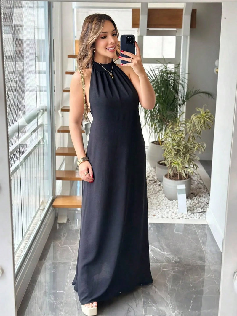 Vestido Longo Gola Alta Costas Nua