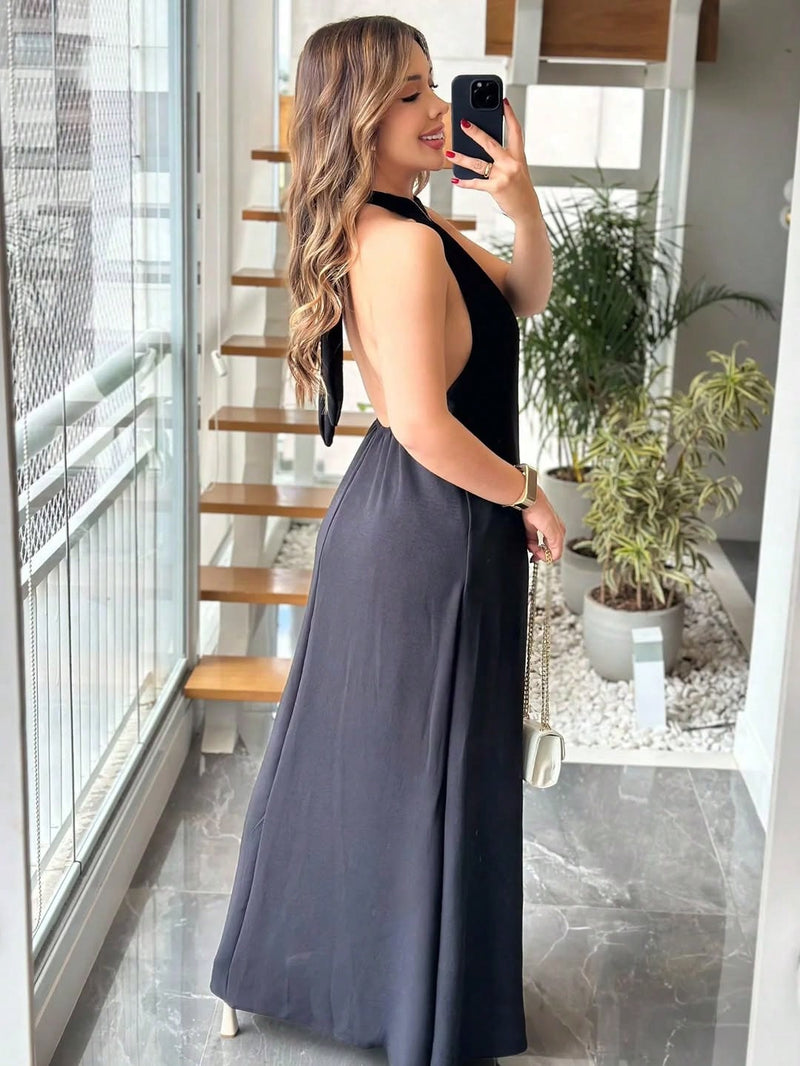 Vestido Longo Gola Alta Costas Nua