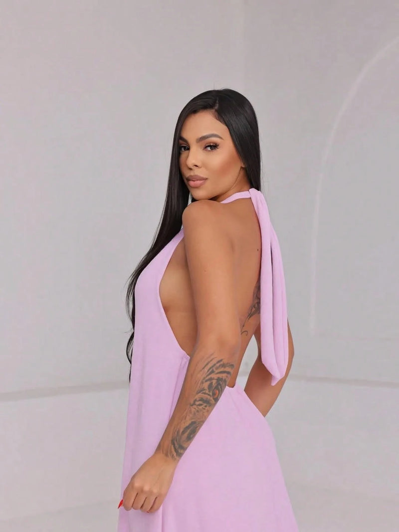 Vestido Longo Gola Alta Costas Nua