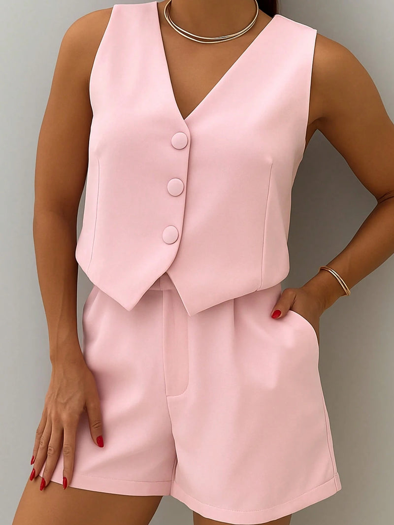 Conjunto Social Colete Botão Forrado e Short de Alfaiataria Feminino