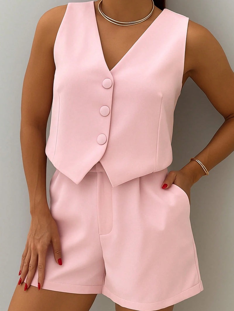 Conjunto Social Colete Botão Forrado e Short de Alfaiataria Feminino