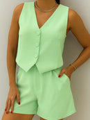 Conjunto Social Colete Botão Forrado e Short de Alfaiataria Feminino