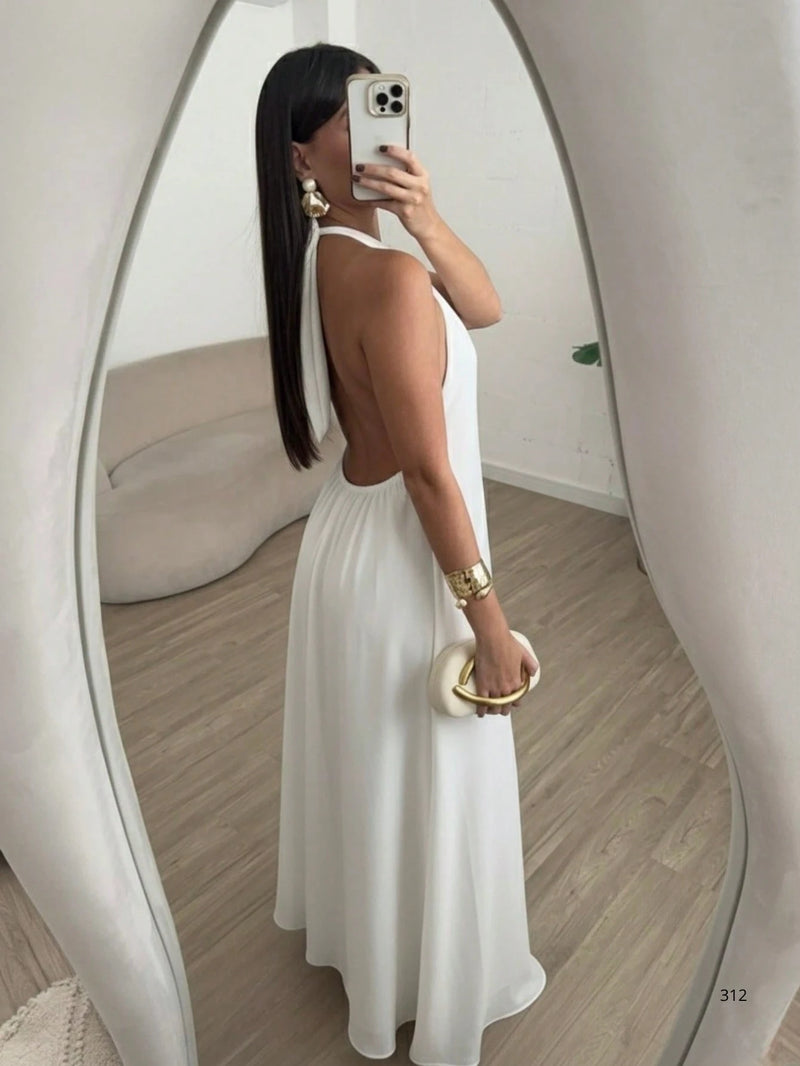 Vestido Longo Gola Alta Costas Nua