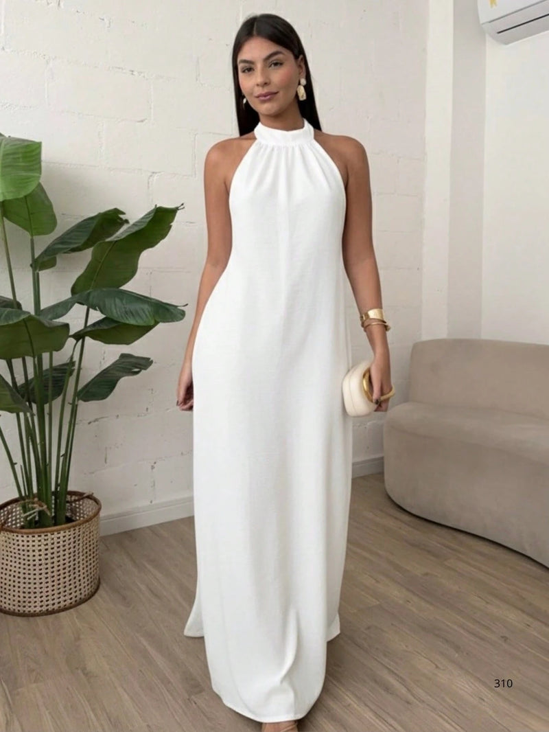 Vestido Longo Gola Alta Costas Nua