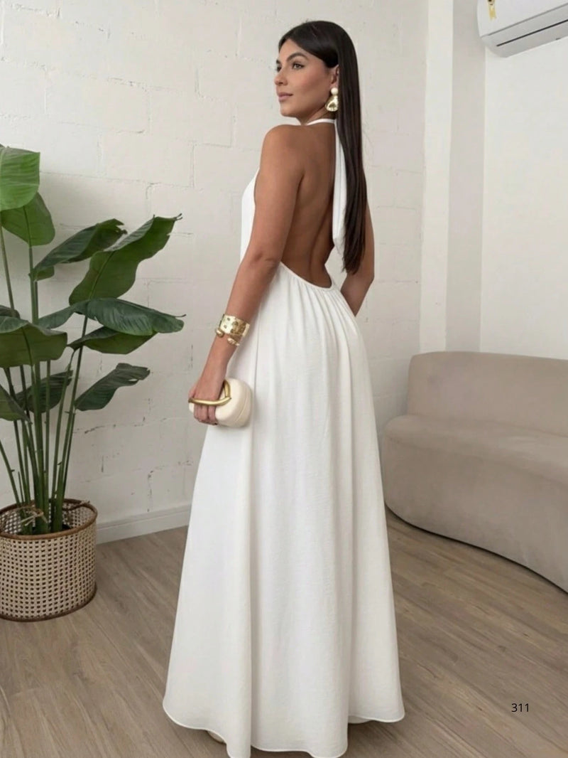 Vestido Longo Gola Alta Costas Nua