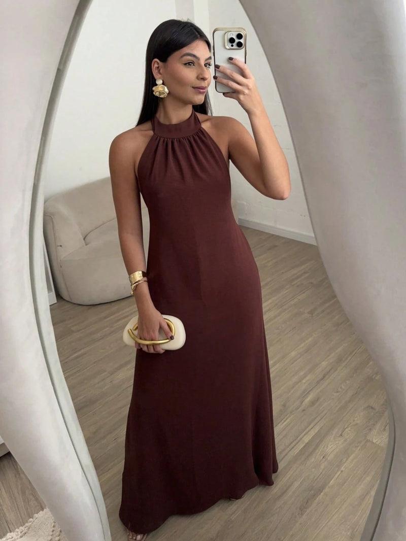 Vestido Longo Gola Alta Costas Nua