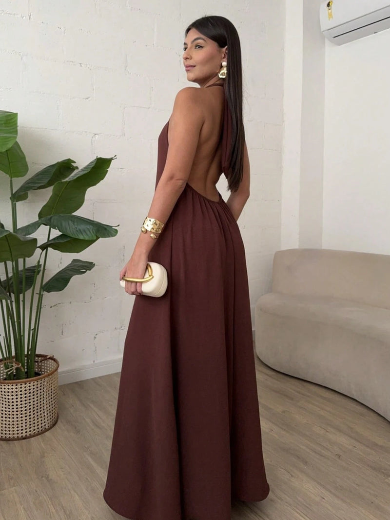 Vestido Longo Gola Alta Costas Nua