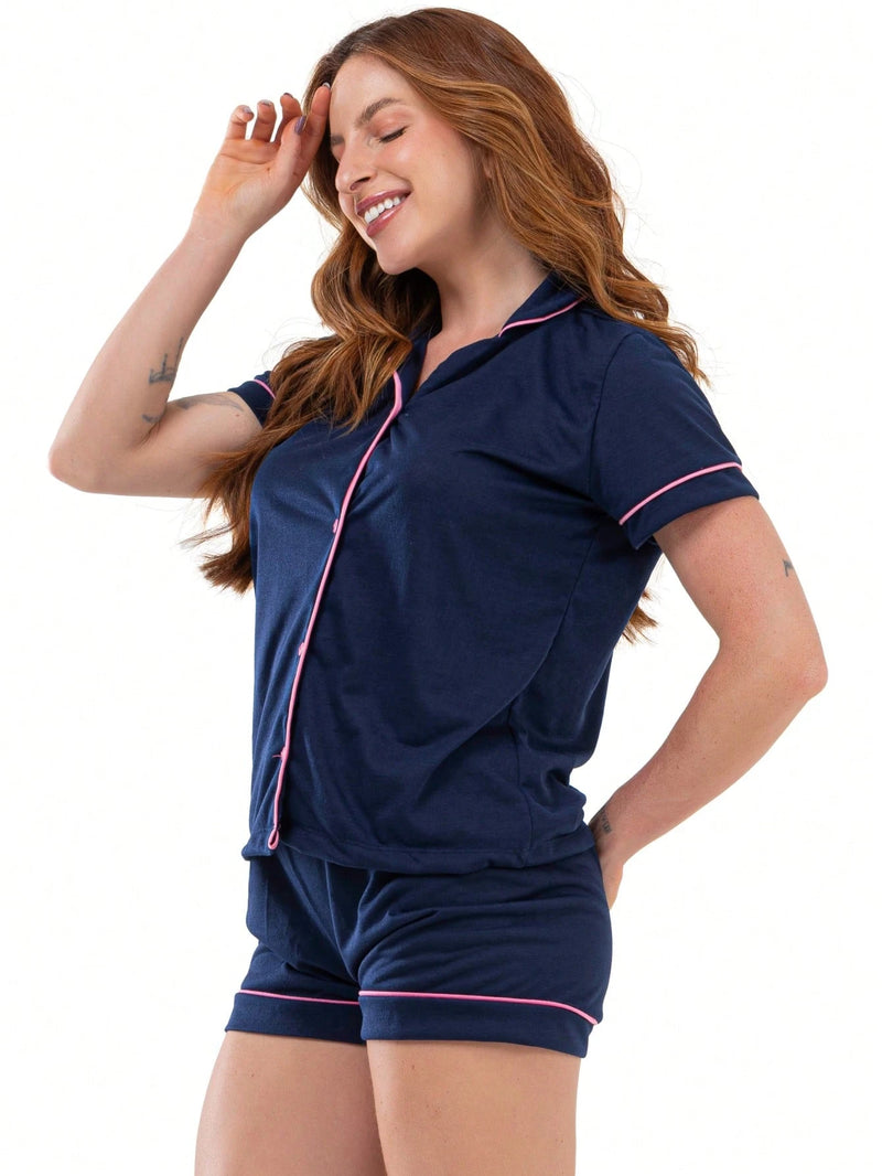 Bravaa Store Pijama Feminino Gola Curto Botão Amamentação Pós Cirúrgico Blogueira 041